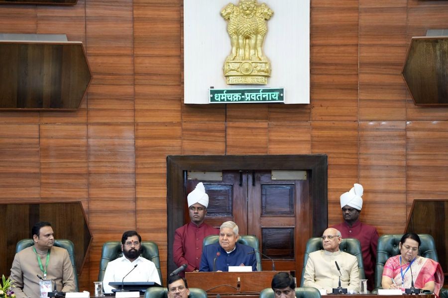 Vice-President, Jagdeep Dhankhar addresses the members of both houses of Maharashtra Legislature at Vidhan Bhavan in Mumbai,Thursday, July 11, 2024. Maharashtra Chief Minister Eknath Shinde and Governor Ramesh Bais also seen. (IANS)